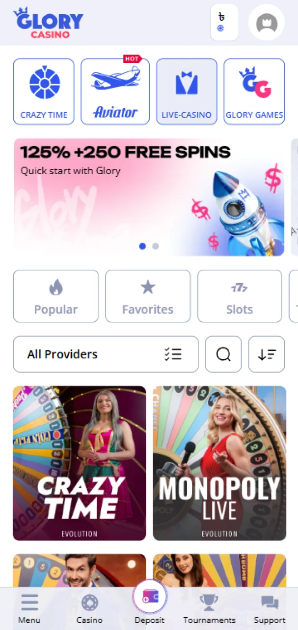Open the Live Casino section at Glory Casino.